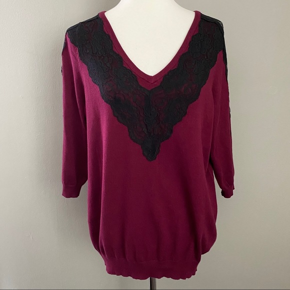 Lane Bryant Tops - Lane Bryant burgundy lace v-neck top size 1X 14/16